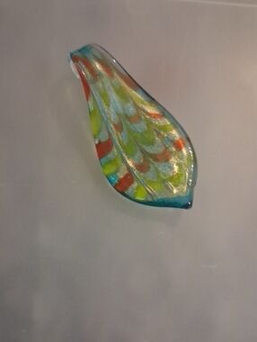 Handblown Lampwork Curved Glass Leaf - Blue, Green and Orange